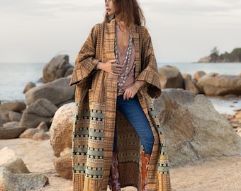 Kimono in cotone tessuto a mano: spolverino boho patchwork in pietra arenaria del deserto - Imperiale