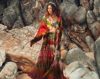 CARA Tiedye Boho Maxi Ruffled Duster Kimono One Size Festival Beach Cover up Resort Vacation Hippie
