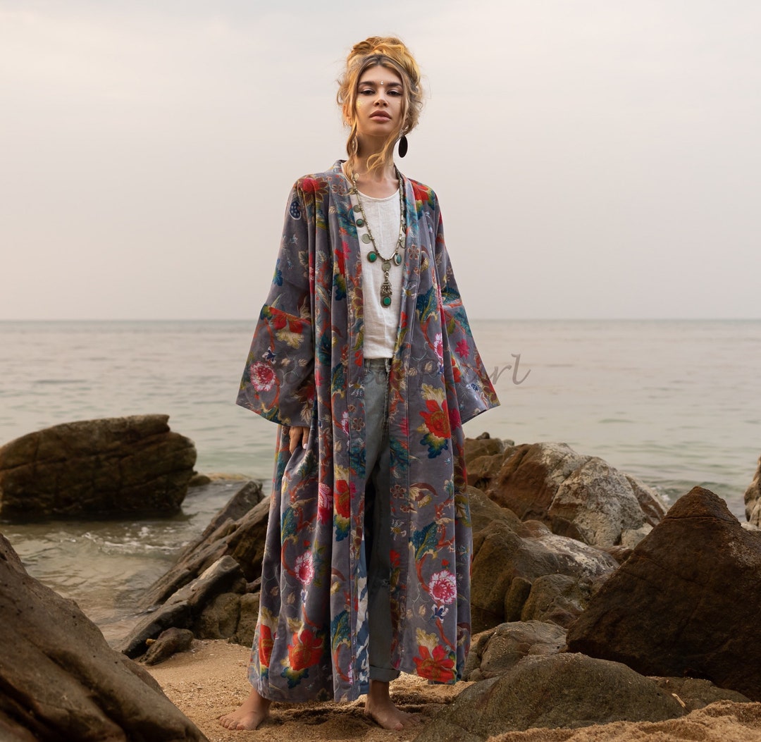 Plus Size Velvet Kimono Duster: Dusky Floral, Handmade Cotton Robe