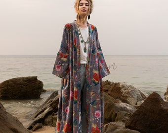 Mai Long Velvet Jacket Kimono Duster Handmade Printed Cotton Velvet Autumn Winter Spring Special Gift Holiday Classic Elegant Plus Size