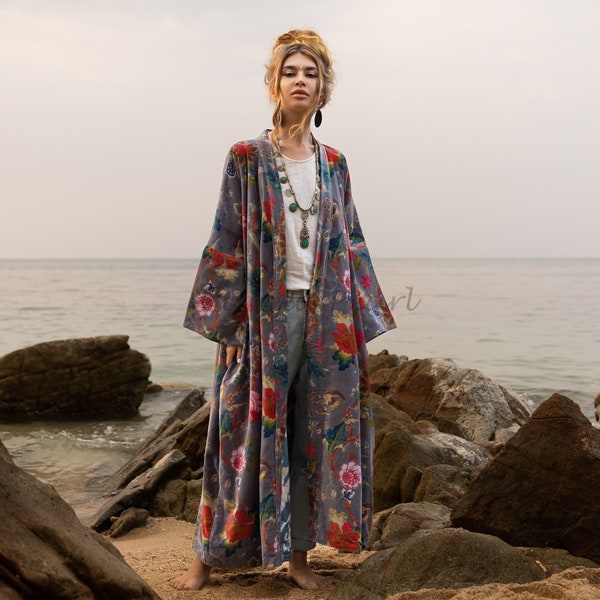 Mai Lange Samt Jacke Kimono Duster Handmade Bedruckt Baumwolle Samt Herbst Winter Frühling Besonderes Geschenk Urlaub Klassisch Elegant Plus Size