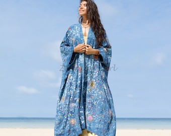 Kosmos Denim Patchwork Kimono - A Bold Handcrafted Embroidered Tie-Dye Duster| Festival Ready & Beyond| Plus Inclusive Size| Holidays Gifts
