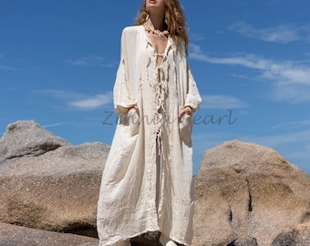 The Aimi Raw Cotton Duster | Artisan Boho Kimono — Natural