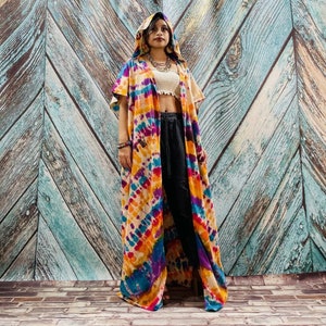 Kayla Hand Tie dye Maxi Long Festival Cotton Hoodie Duster Beach Coverup Kimono vacation Holiday Wears