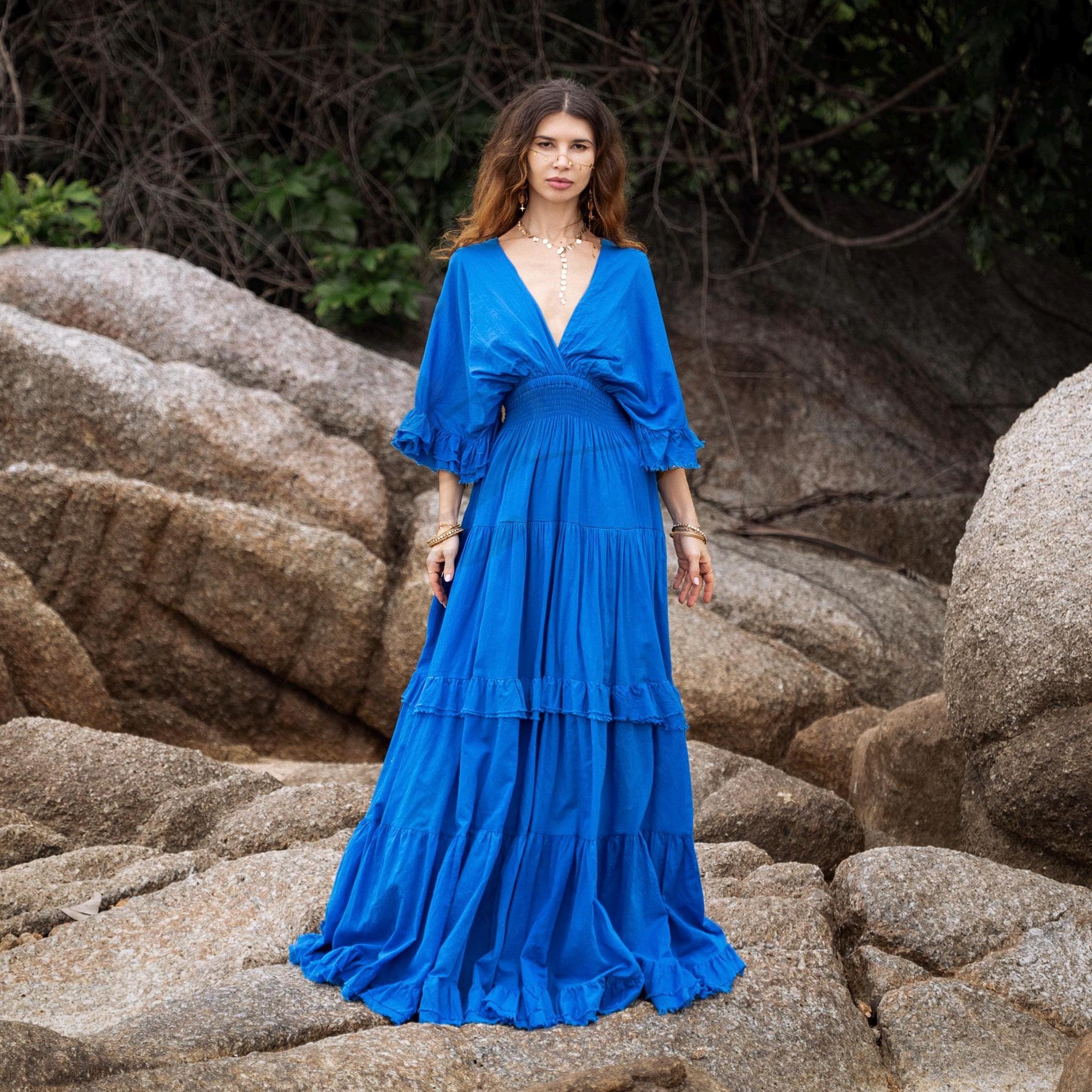 blue dress with ruffles at the bottom Ruffle Black Mesh Overlay Long Essentials_Shoot Ciao Ruffles Maxi Dress Size:L-US6