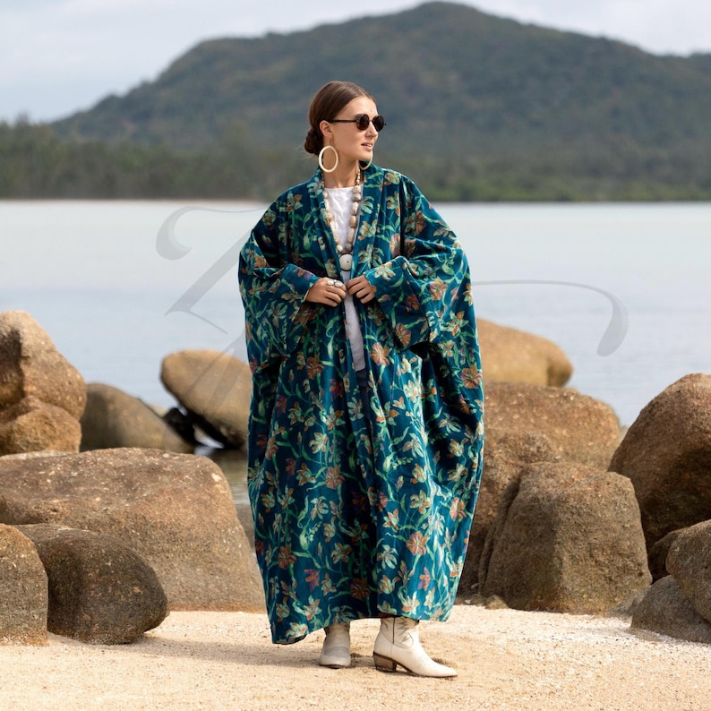 Jade Robe With Pockets Boho Velvet Kimono Robe - Teal Iris Floral Duster, Plus Size | Harper ...