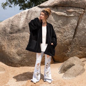 Raven Black Velvet Kimono Jacket | Plus Size Boho Coat for Women, Mei