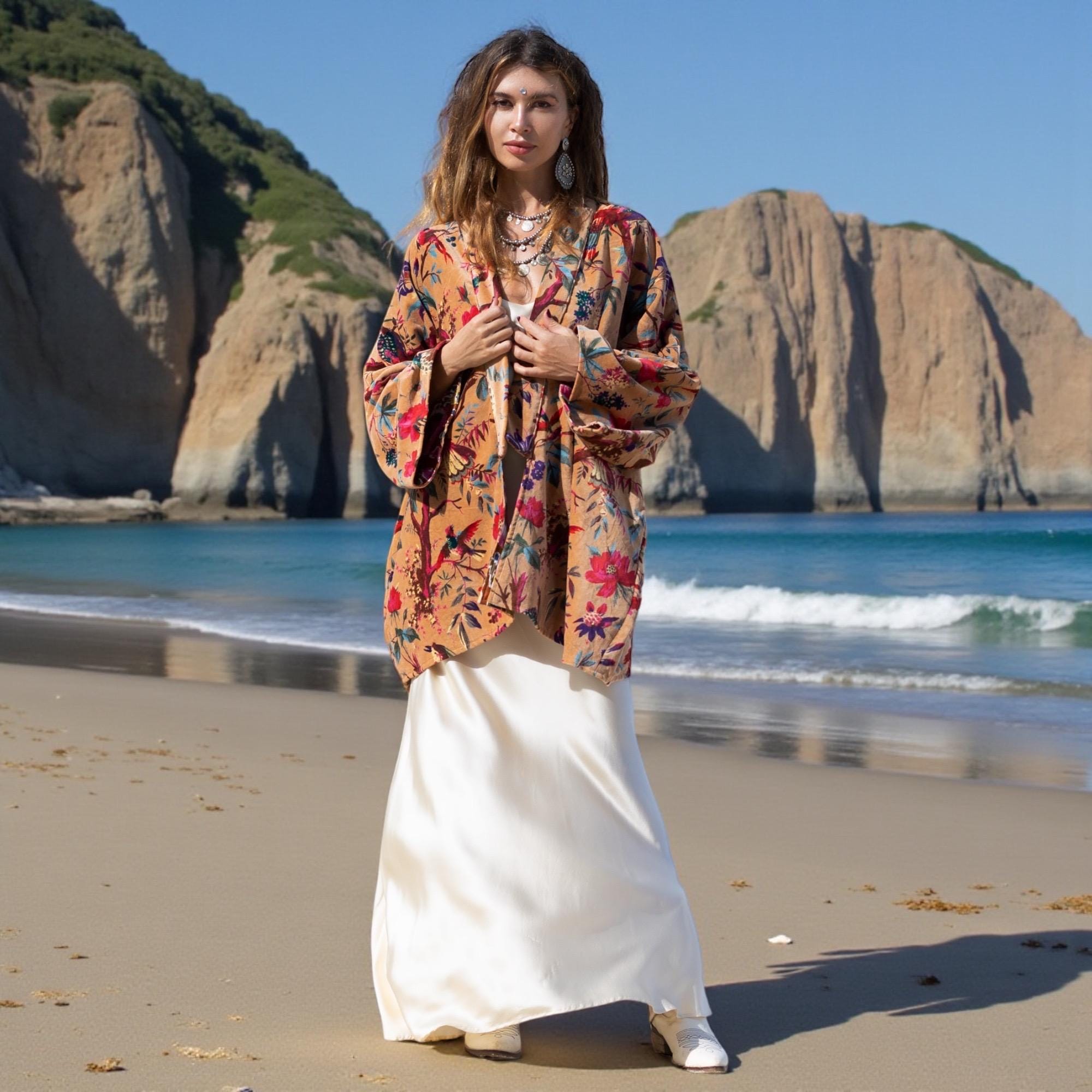 The Mei Short Kimono | Golden Aviary Cotton Velvet Jacket