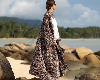 Velvet Animal Print Duster - Boho Wild Bobcat Kimono, Plus Size