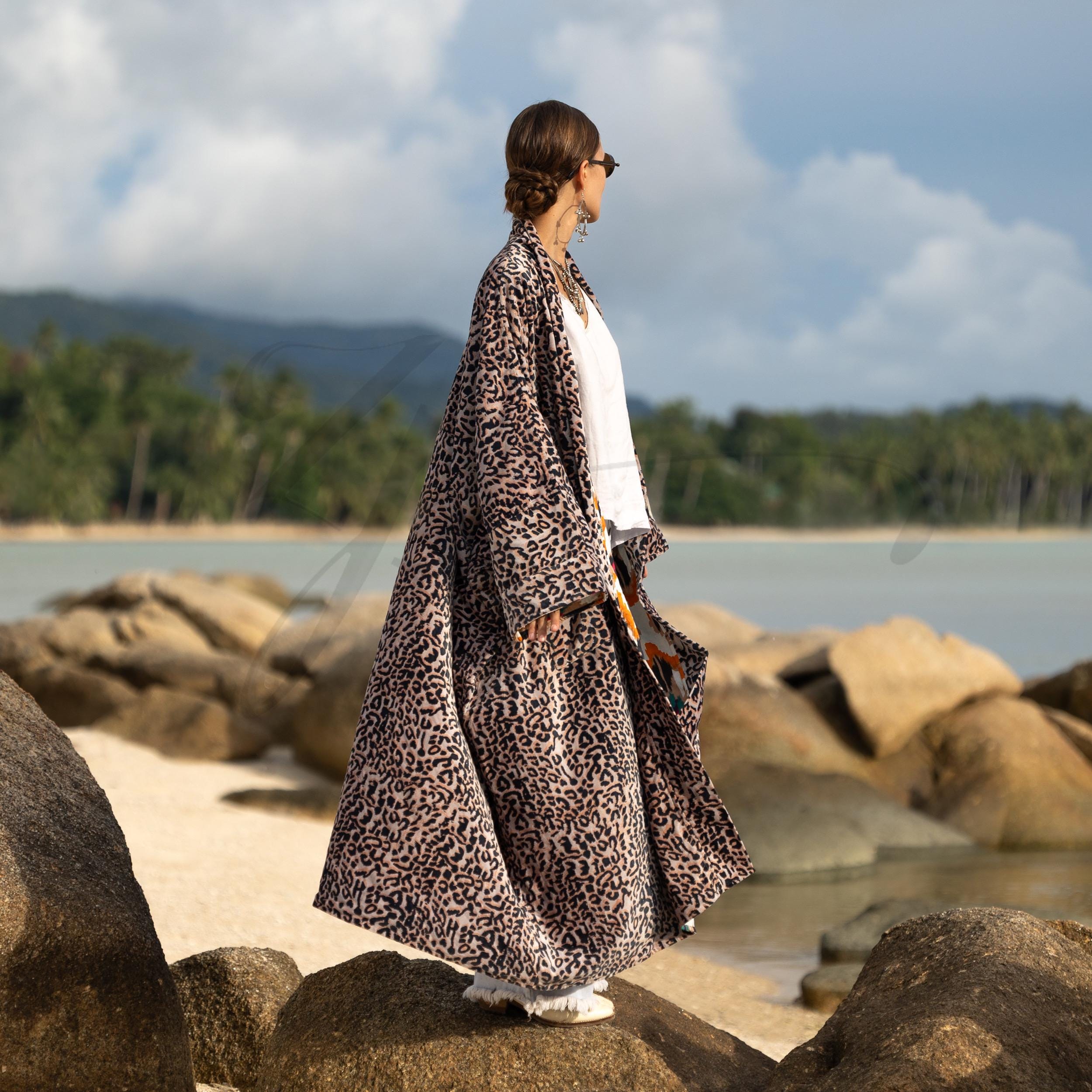 Velvet Animal Print Duster - Boho Wild Bobcat Kimono, Plus Size