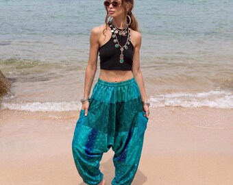 The Spiritu | Spodnie haremowe z jedwabnego sari w stylu vintage z Morza Egejskiego | Spodnie w dużym rozmiarze w stylu boho