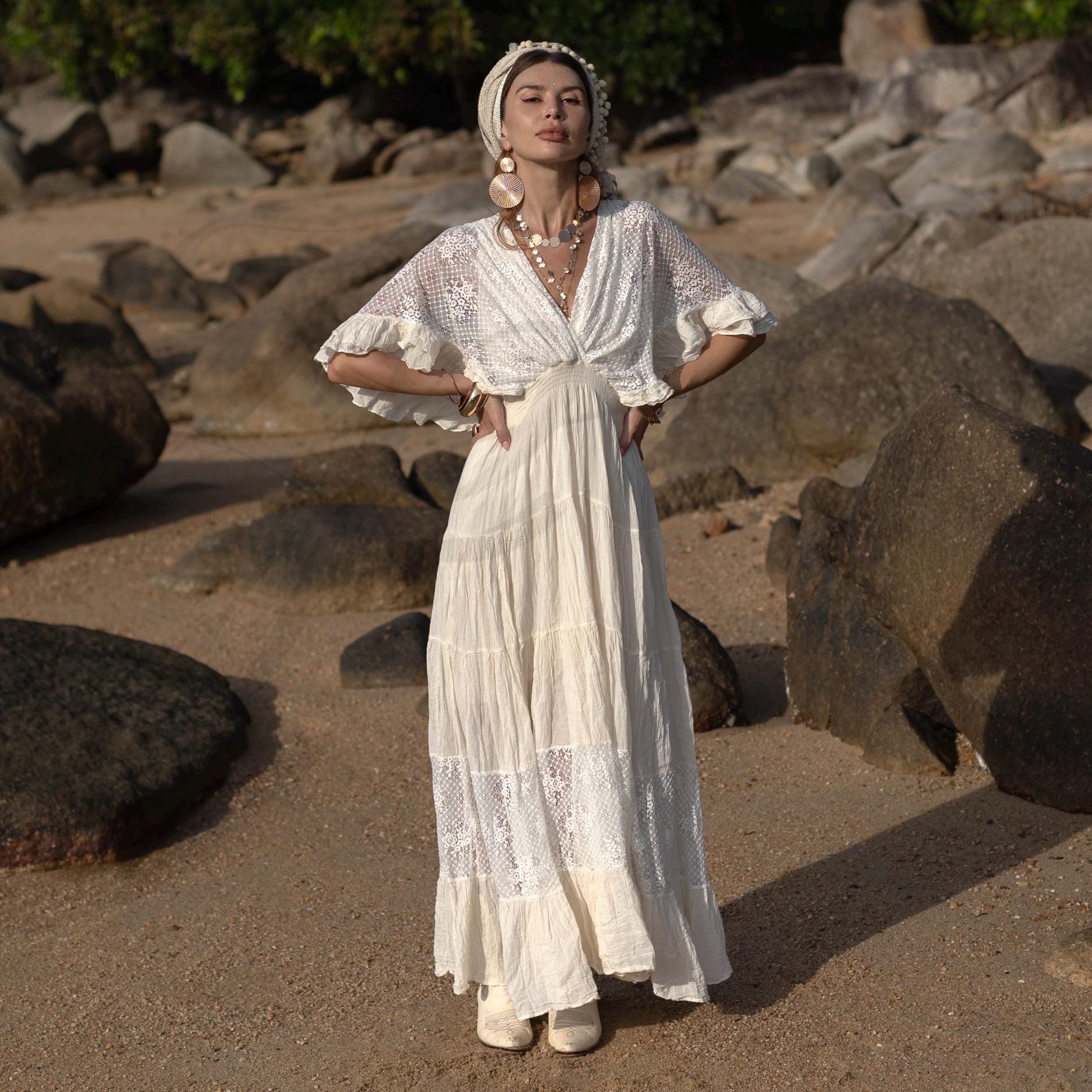 Boho Cream Lace Maxi Dress: Cotton Kaftan Gown, Bridal Beach Cover - Main Image