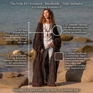 Sizing chart for the VEDA Grand Duster. Diagram shows the garment measurements: 55 inches (140cm) total length and 106 inches (269cm) total width/bust. Text reads: "Designed to move with you. Made to celebrate you." Indicates an oversized, one-size-plus fit.