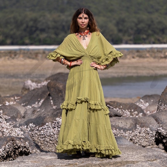 sage green ruffle dress Chiffon Maxi Prom Dresses with Off Shoulder Tiered R  OKBBN a flirty V Sage Green Ball Gown Wedding