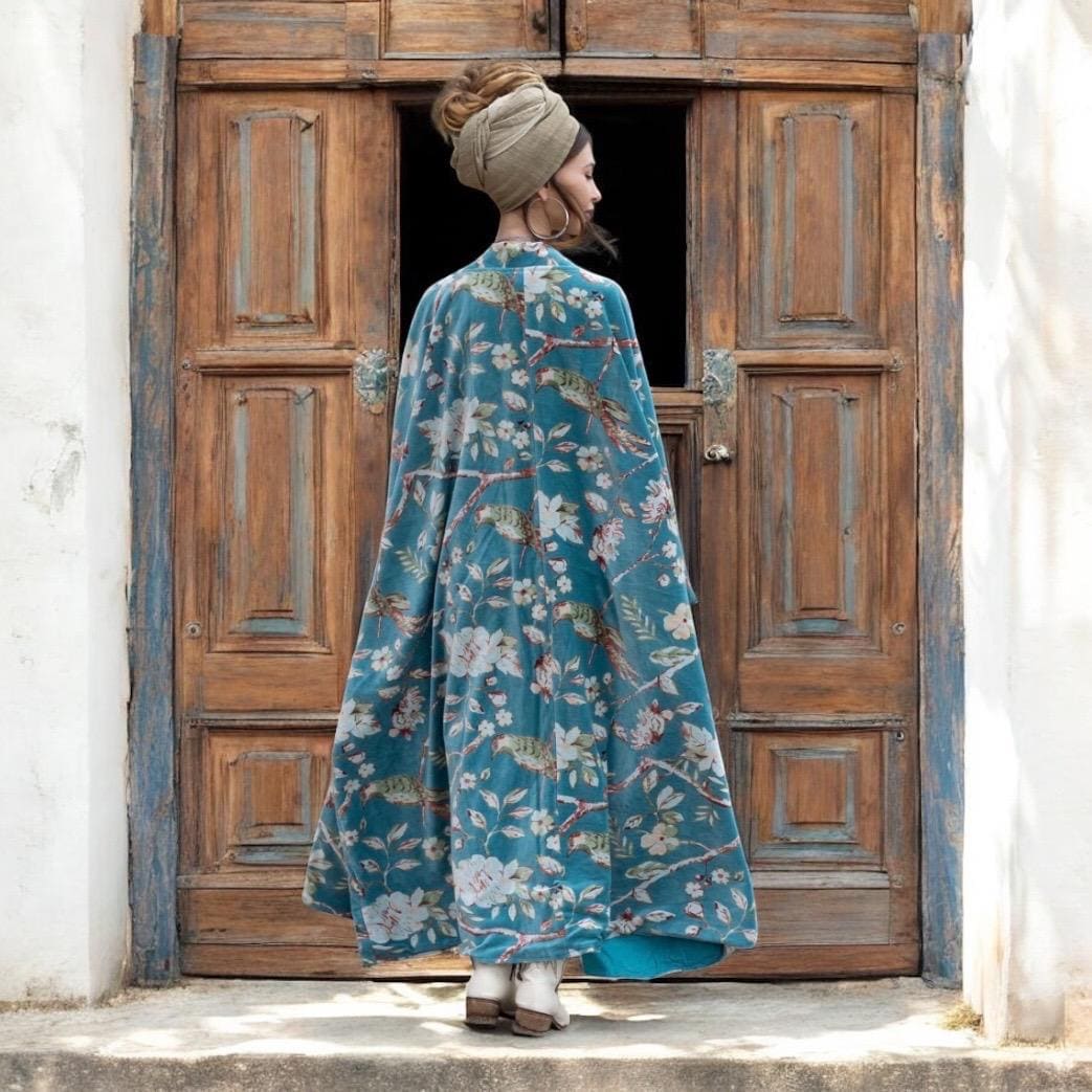 ETRE✖️marihoja Plus Size Velvet Kimono Duster – Serene Sky Floral Boho Coat