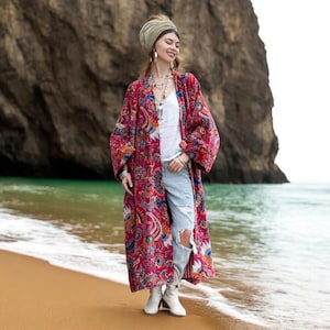 Floral Velvet Kimono Duster: Boho Chic Cotton Jacket - Mai