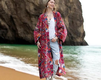 Floral Velvet Kimono Duster: Boho Chic Cotton Jacket - Mai