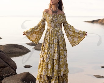 Boho Marigold Floral Maxi Dress: Off-Shoulder Cotton Wedding Gown - Lucia