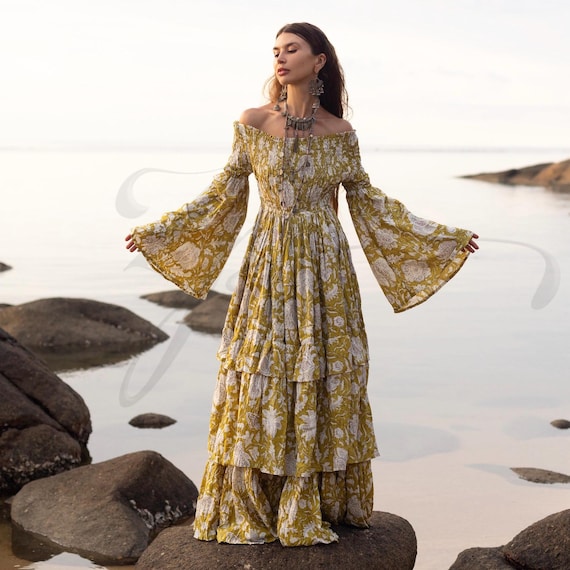 Boho Marigold Floral Maxi Dress: Off-shoulder Cotton Wedding Gown - Lucia -  Etsy