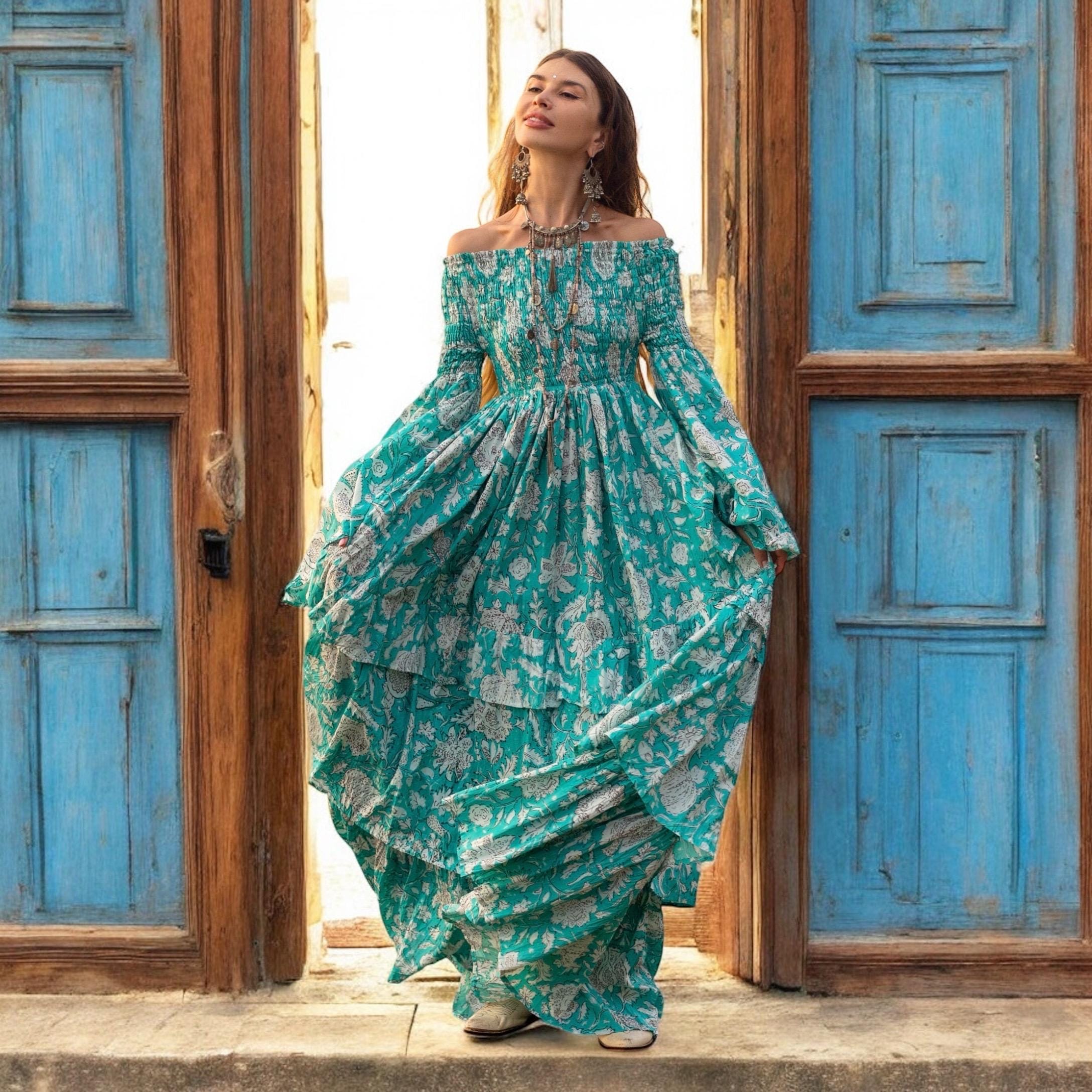 aqua floral off-the-shoulder maxi dress Aqua Bloom Cotton Maxi Dress: Boho Off-shoulder Floral Gown - Lucia