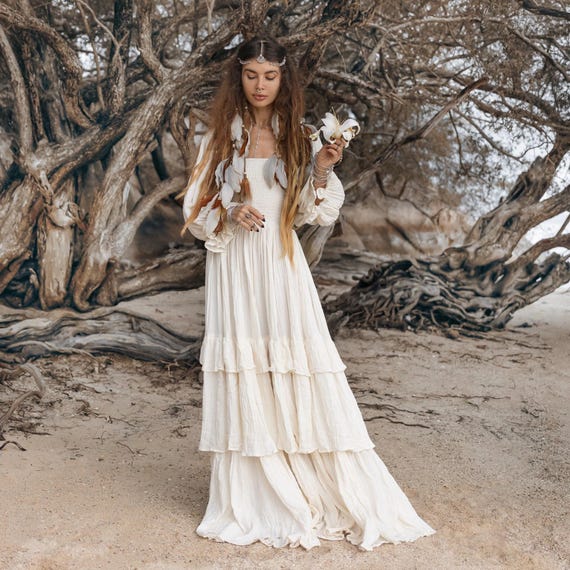 Boho Wedding Dress: Moonstone Cream Cotton Gown, Plus Size Bridal