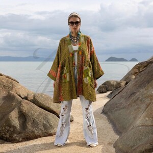 Indira Quilted Kantha Coat – Amber Wood Patchwork | Reversible Boho Jacket