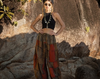 Wide-Leg Patchwork Pants: Boho Style, Cotton Comfort, Pockets, Plus Size, Festival Ready, Earthy Tone, Unique Handmade| Chesa- ZinniaPearl