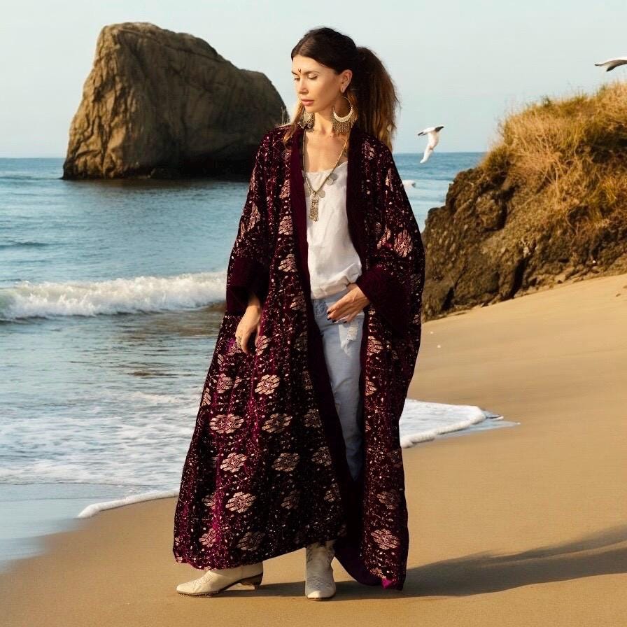 Velvet Boho Kimono Jacket – Harper Jade Garnet Plum Embroidered