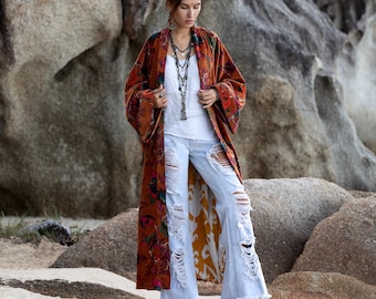MAI Lotus Spice Velvet Kimono Duster | Handmade Boho Floral Jacket