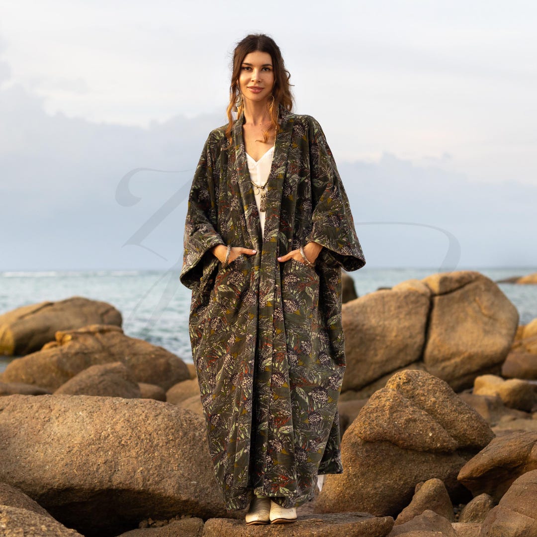 Jade Robe With Pockets Plus Size Velvet Kimono Duster: Moonlit Pine Boho Robe With Pockets ...