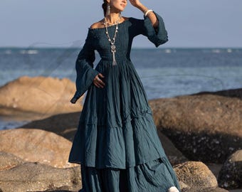 Hunter Green Wedding Dress | Off-Shoulder Boho Maxi Gown | Lucia by ZinniaPearl