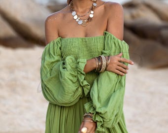 sage off shoulder dress under $100 Baltic Born Womens Victoria Off Shoulder Maxi Dress | Dark Sage