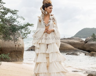 Bali Kimono Duster: Raw Cotton Boho Ruffle Festival Cover-Up
