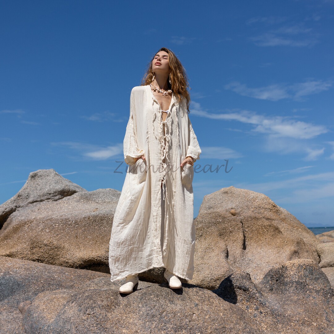 Aimi Kimono Boho Duster Raw Cotton Cardigan Beach Coverup Vacation ...