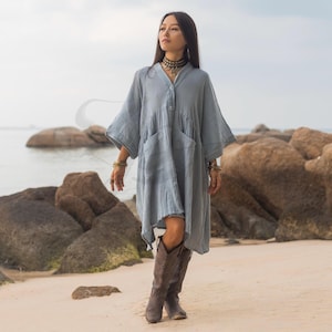 Plus Size Cotton Gauze Kaftan: Moonwashed Indigo Boho Tunic - Bellina
