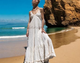 Ręcznie robiona sukienka maxi w stylu boho: bawełniana sukienka ślubna typu „smock”, różne rozmiary – Natalie