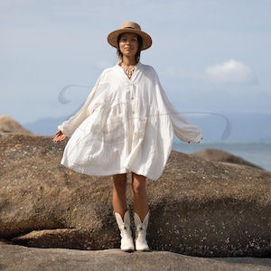 Plus Size Boho Crinkle Cotton Tunic Dress: Sea Pearl Babydoll Top - Bellina