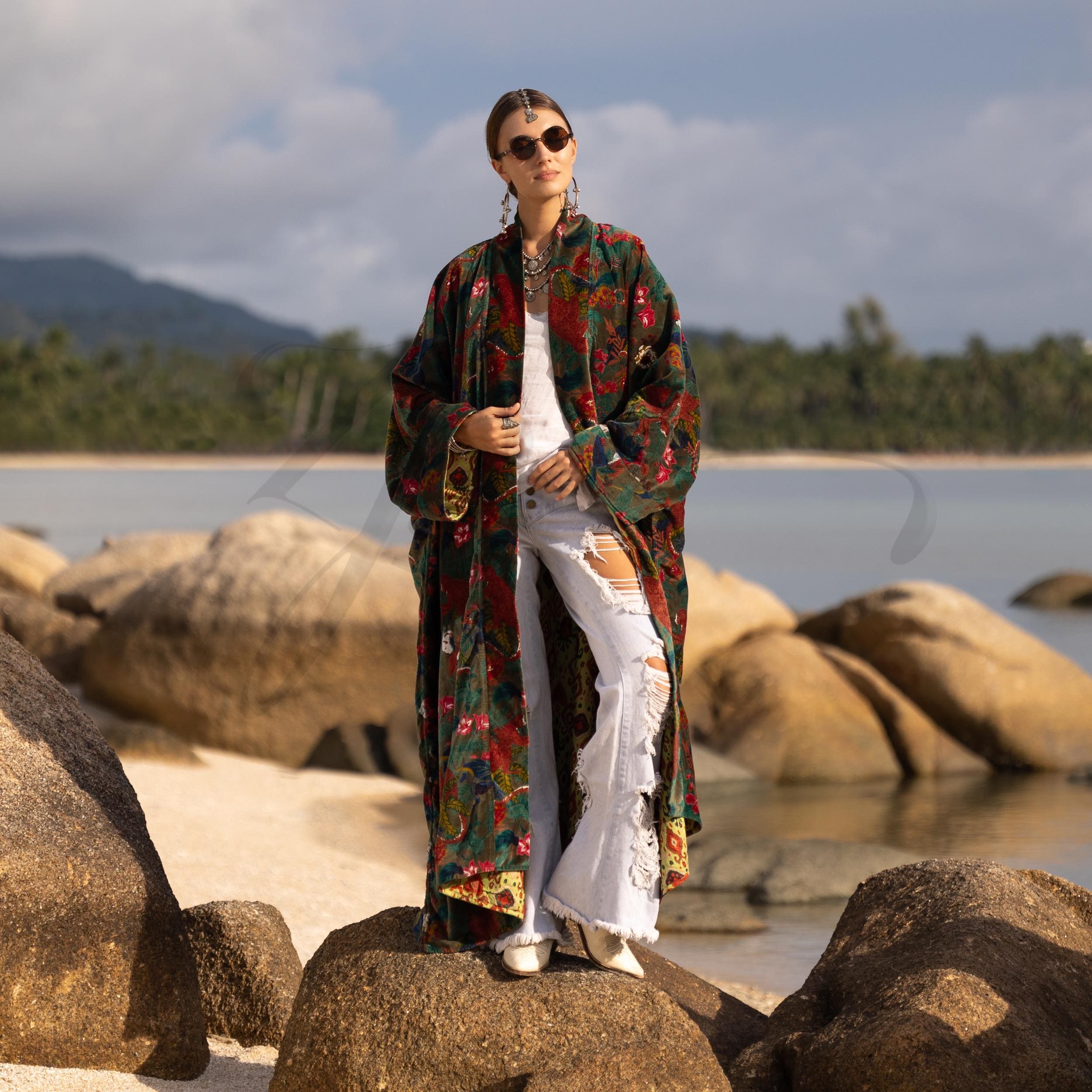 Forest Green Velvet Kimono, Plus Size Monkey Floral Duster, Harper