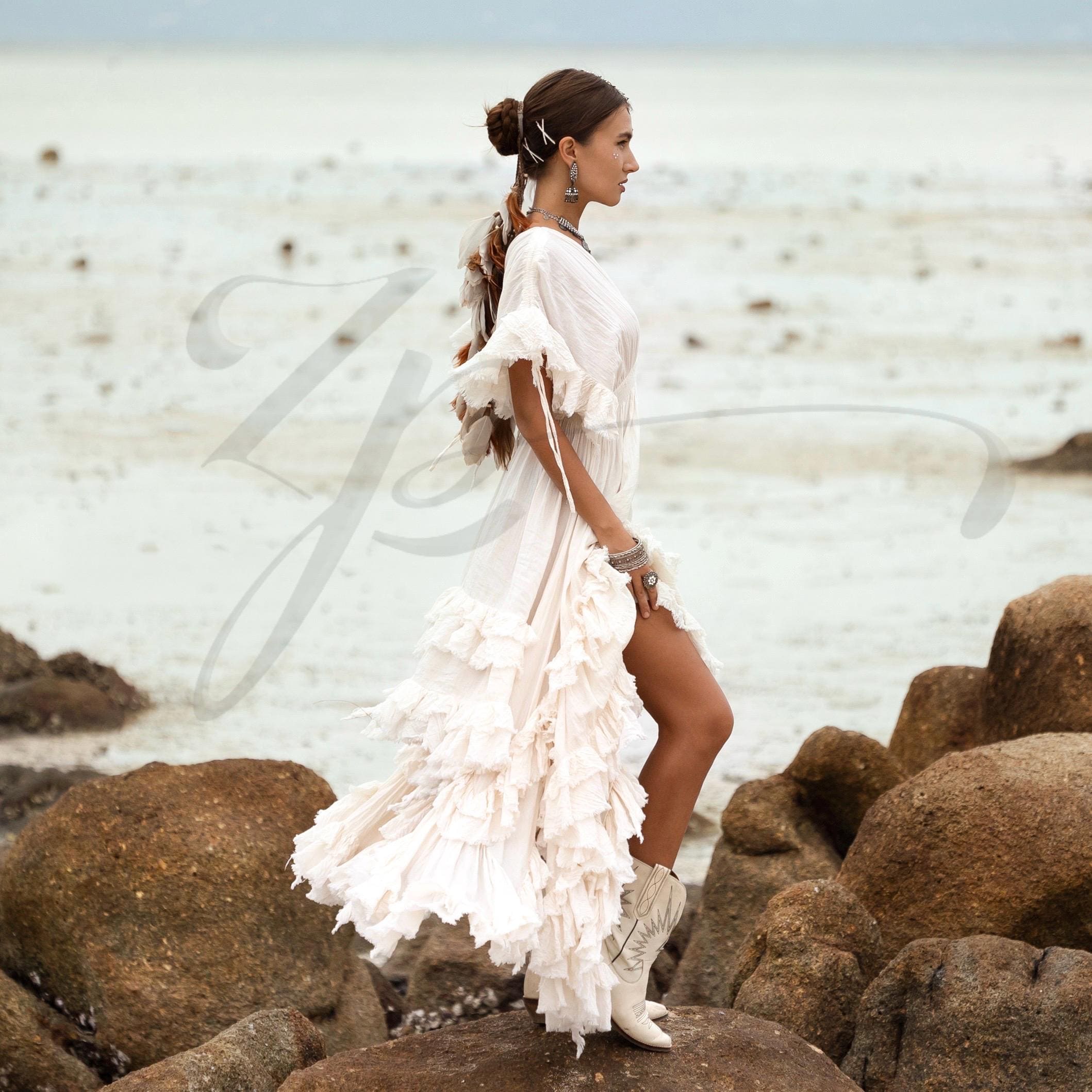 beach ruffle dress Elegant White Sleeveless Ruffle Maxi Beach Dress