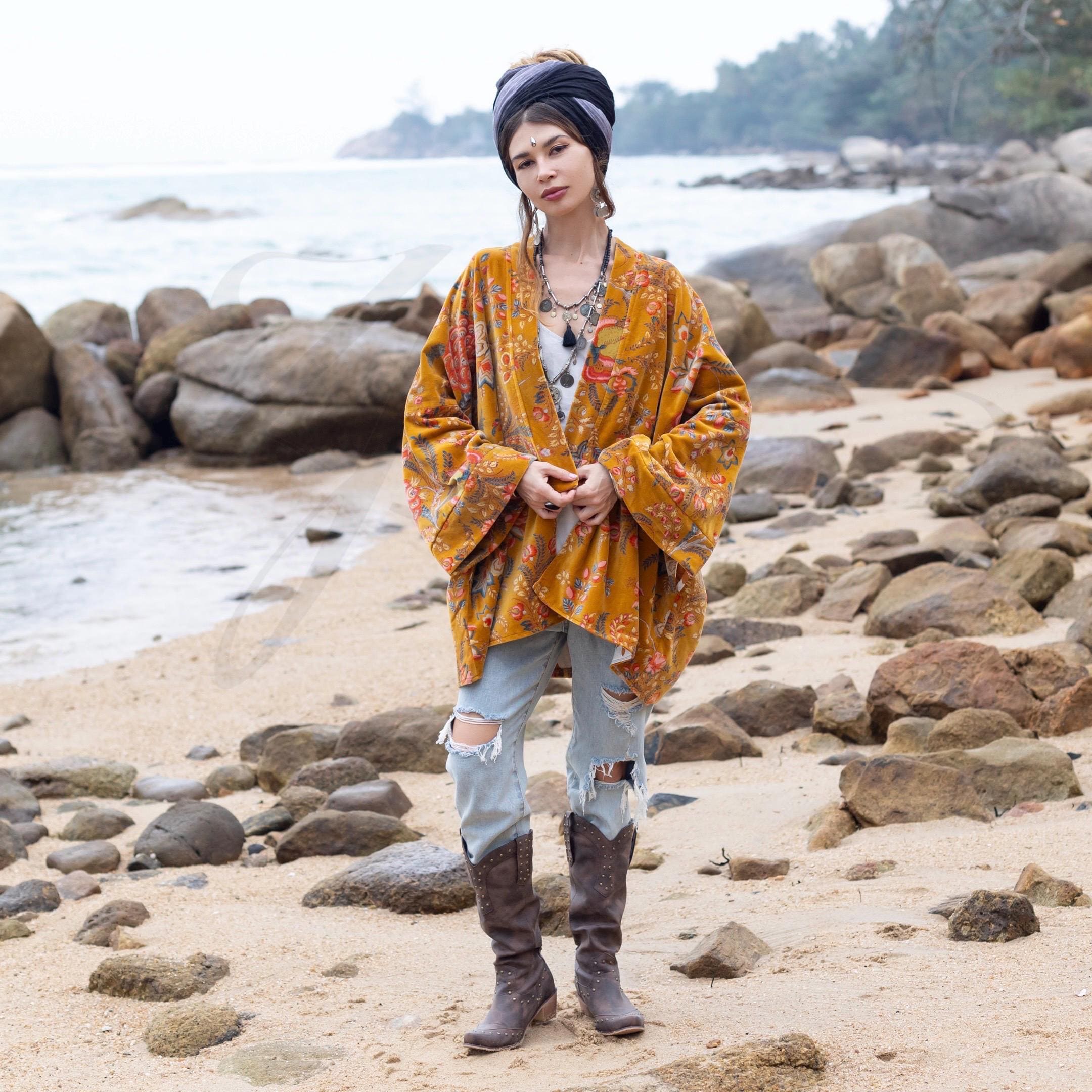 Plus Size Velvet Kimono Jacket: Terra Bloom Boho Chic Layer | MEI