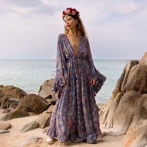 Silky Boho Kimono Duster: Ruffled Maxi Dress, Beach Cover-Up - Kara