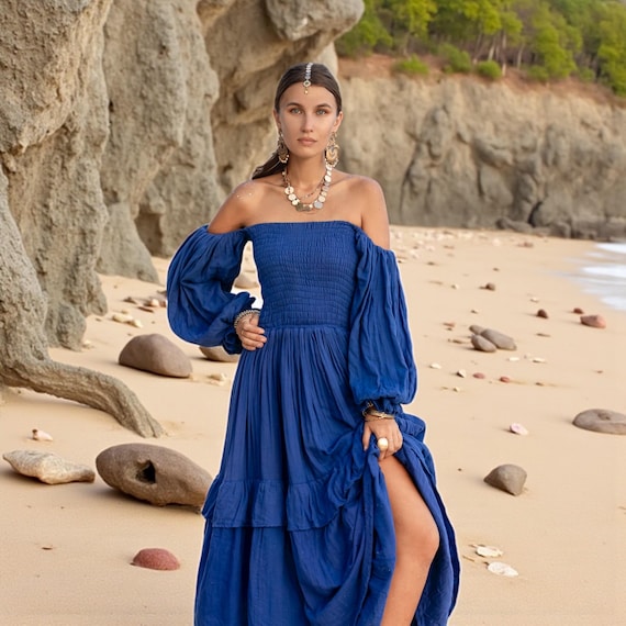 cobalt blue beach dress Cobalt Blue Silky Soft Midi Length Kaftan Day and Beach Dress. – Amilu main image 0