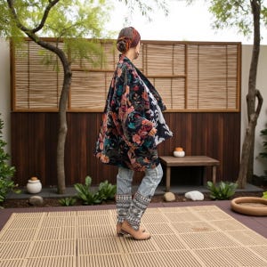 Side view of the Mei Velvet Kimono Duster in Nocturne Flora, photographed in a serene garden setting with wooden accents and potted plants. The model’s headscarf and flowing silhouette highlight the relaxed elegance of the hand-tailored velvet jacket, featuring intricate floral embroidery in jewel tones. This image conveys ZinniaPearl’s blend of boho freedom, craftsmanship, and effortless sophistication.