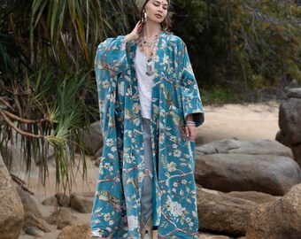 Plus Size Velvet Kimono Duster – Serene Sky Floral Boho Coat