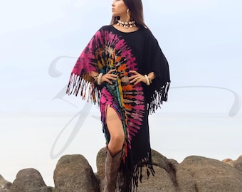 Boho Tie-Dye Franstunikaklänning: Plus Size Kaftan Poncho - Arlo