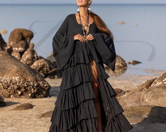 Ruffled Hemp Cotton Kimono Duster: Raven Black Bohemian Cardigan - Bali