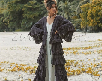 Bali Boho Hippie Maxi Tiered Ruffled Duster Kimono Festival Beach Holidays Wedding Cardigan Summer Autumn Fall Regular Size ONE PLUS SIZE