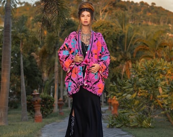 Giacca kimono ricamata in stile boho: spolverino in cotone floreale, taglie forti - Mari