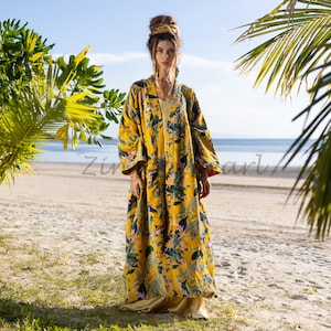 Plus Size Velvet Kimono Duster: Handmade Boho Canary Garden Coat - Mai