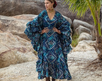 Plus Size Rayon Maxi Dress – Eternal Sky Boho Kaftan with Gold Print | Wild Heart